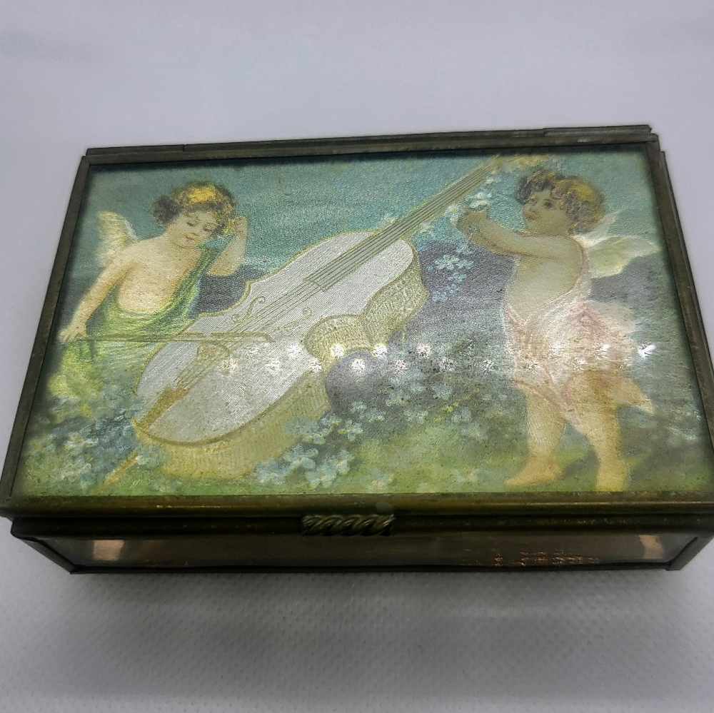 VIA VERMONT Footed Brass/Glass/Foil Mirrored Trinket Box - Brass Hinged